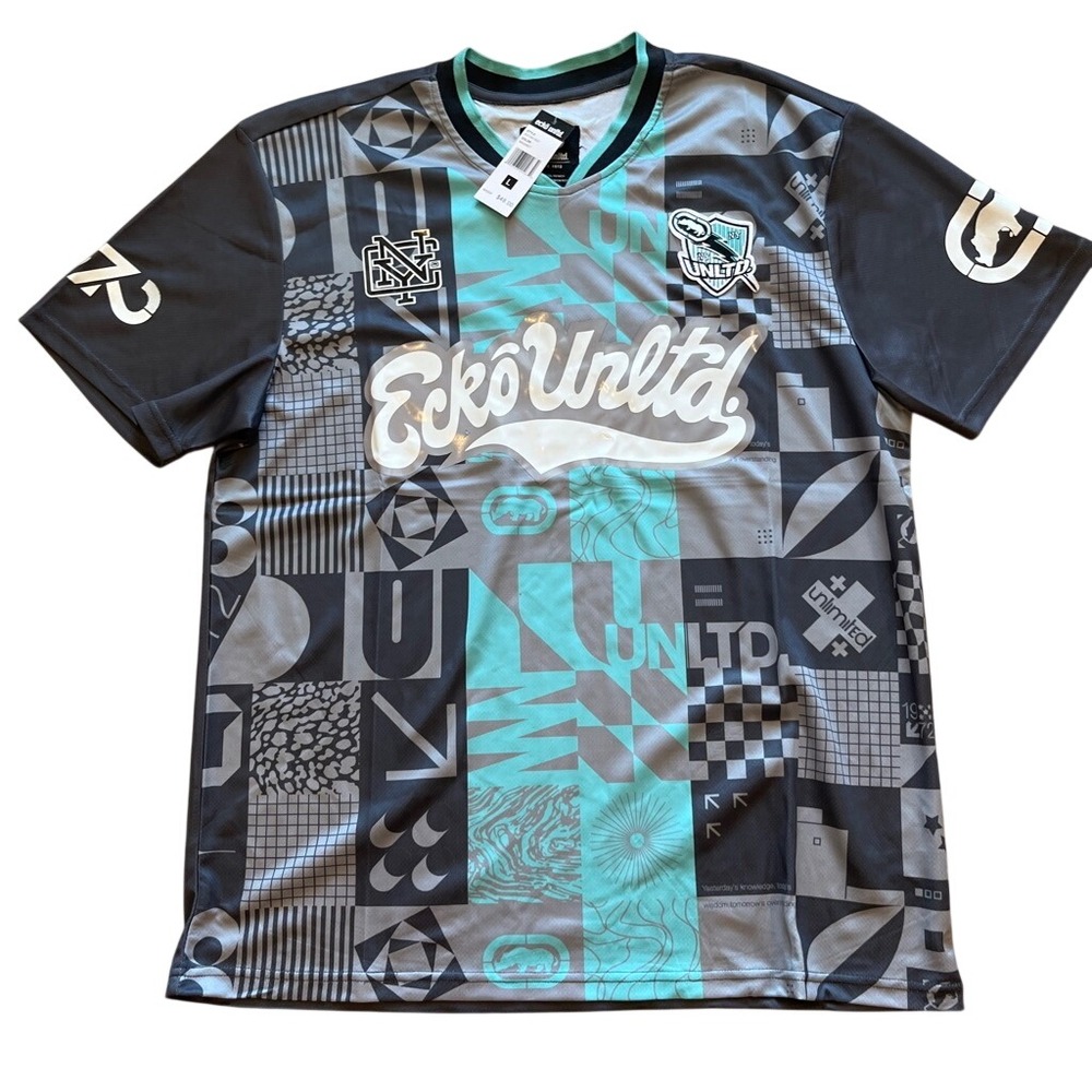 Ecko Unltd Mens Large Jersey Magnet Grey Teal Graphic Print Streetwear EO15K1822